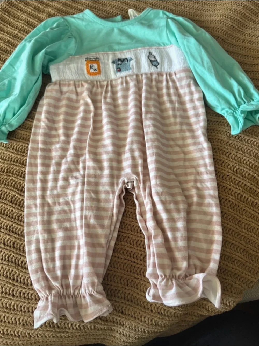 Girls Mint Green & Light Pink Striped Smocked One-Piece Footie